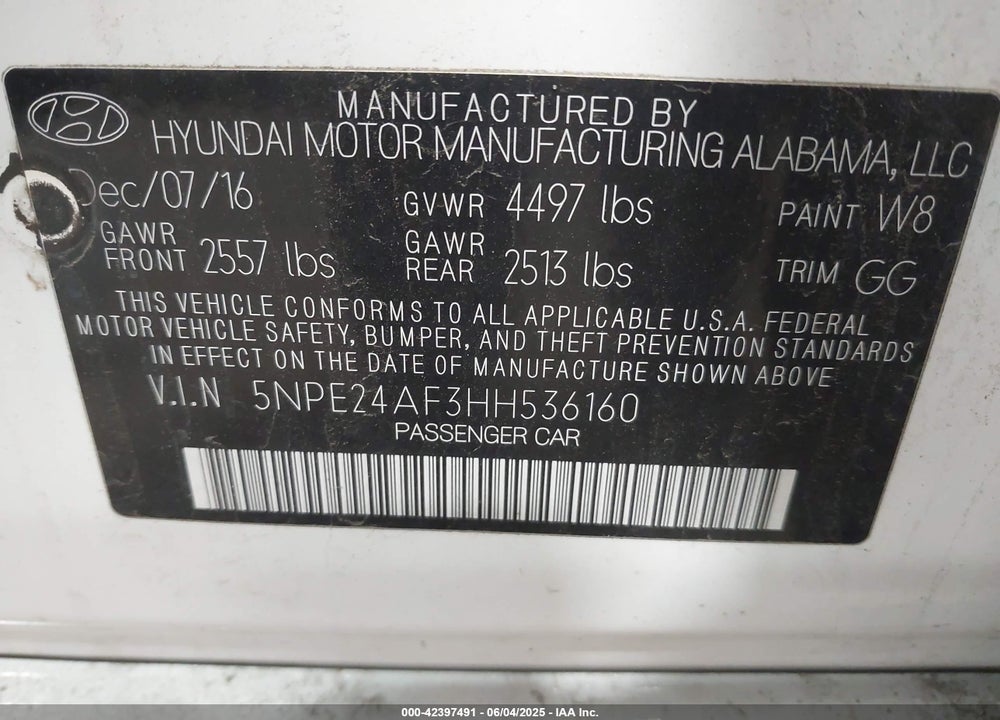 2017 HYUNDAI SONATA VIN: 5NPE24AF3HH536160