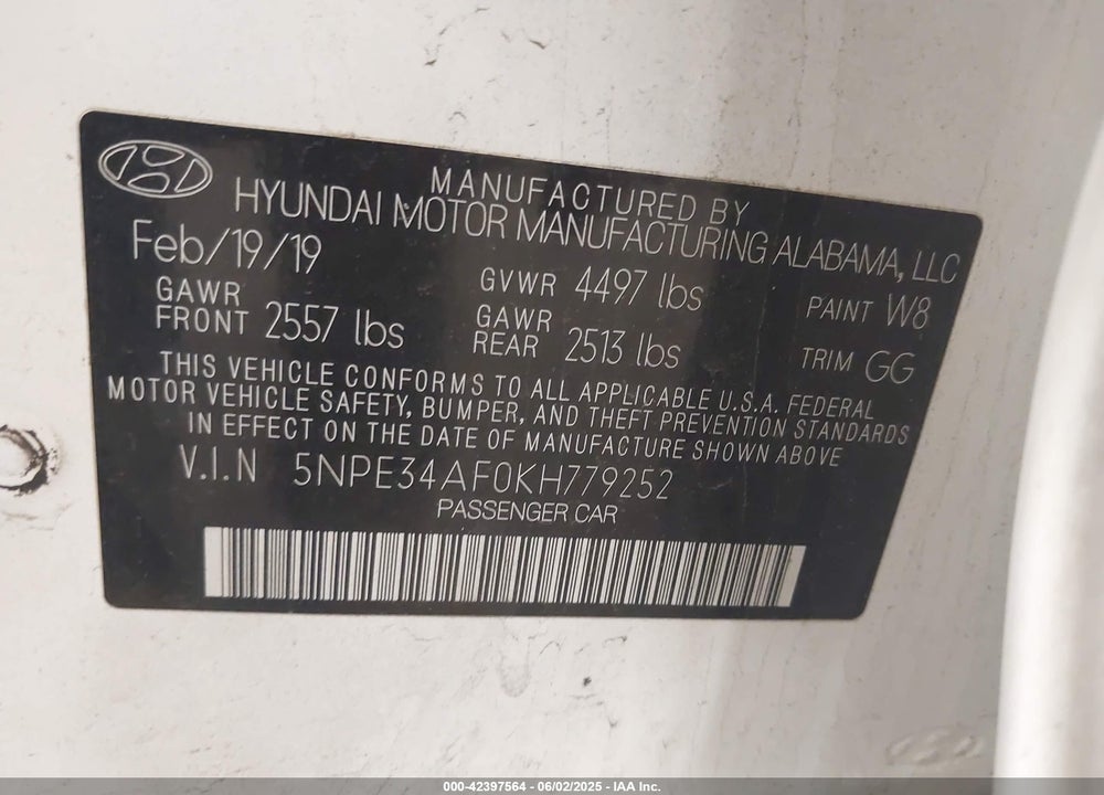 2019 HYUNDAI SONATA VIN: 5NPE34AF0KH779252