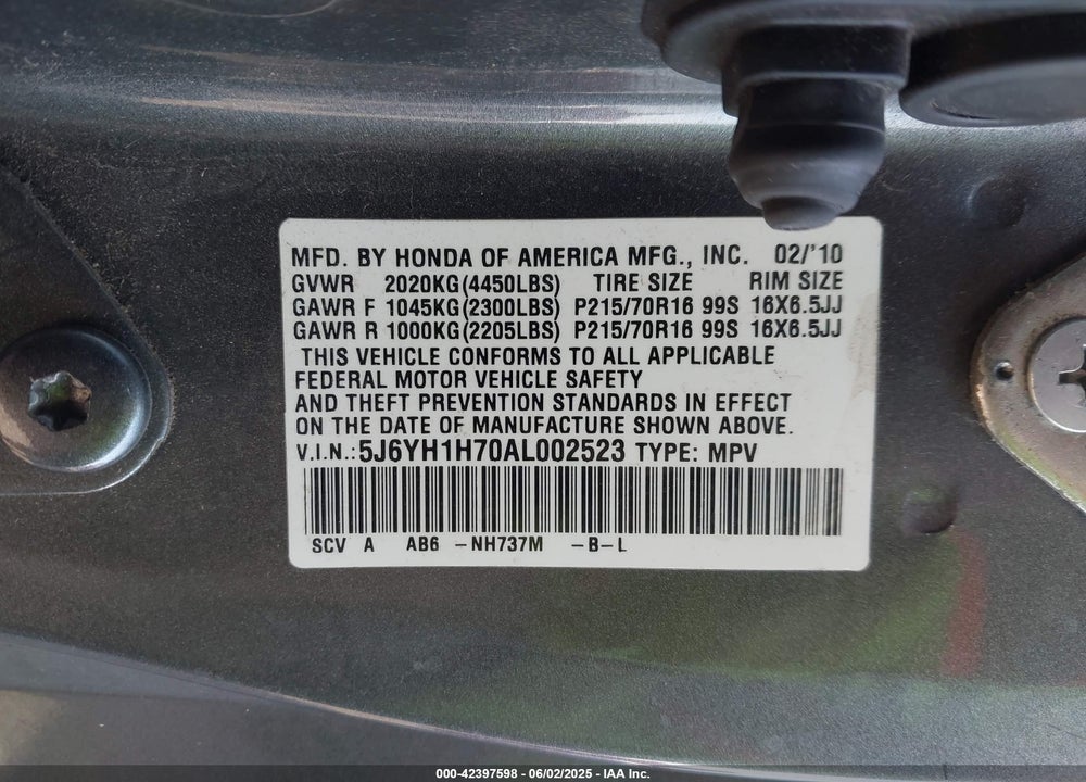 2010 HONDA ELEMENT VIN: 5J6YH1H70AL002523