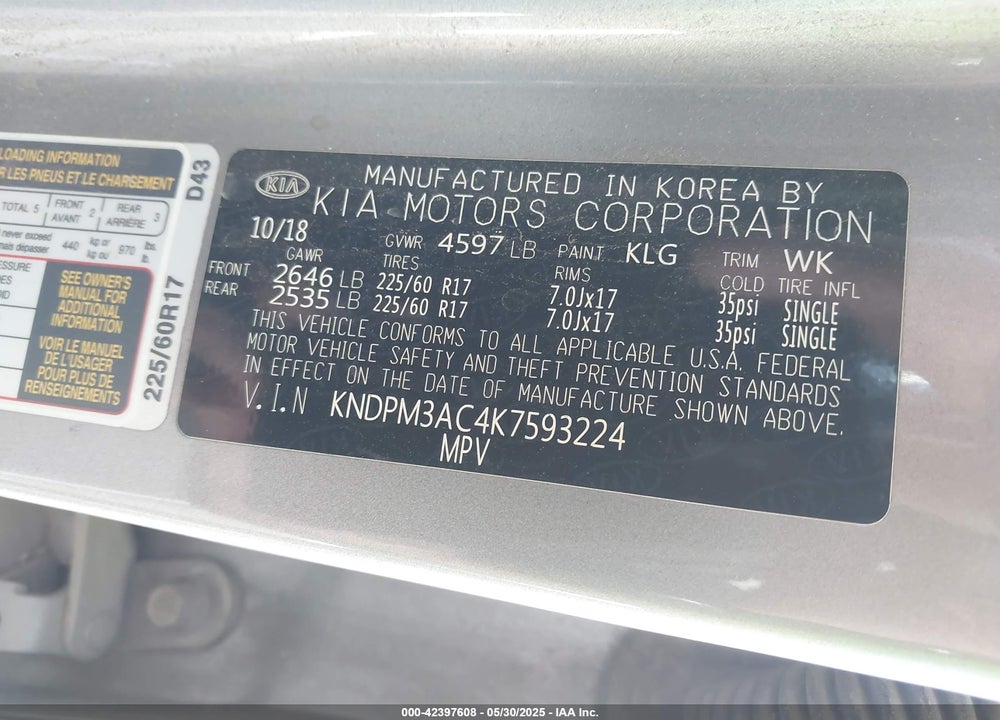 2019 KIA SPORTAGE VIN: KNDPM3AC4K7593224
