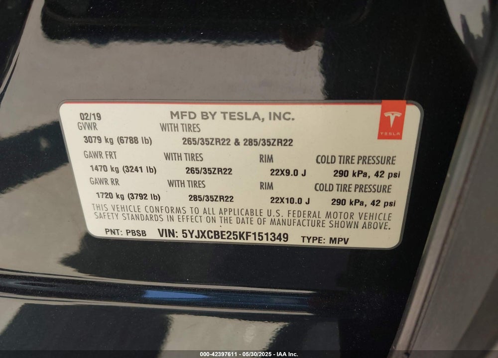 2019 TESLA MODEL X 100D/75D/LONG RANGE VIN: 5YJXCBE25KF151349