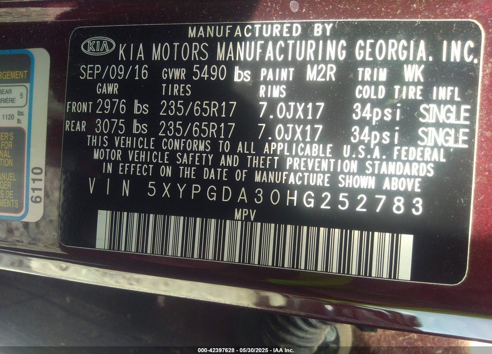 2017 KIA SORENTO VIN: 5XYPGDA30HG252783