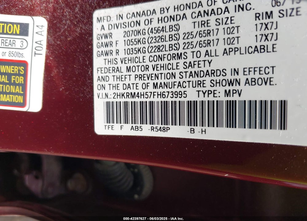 2015 HONDA CR-V EX VIN: 2HKRM4H57FH673995