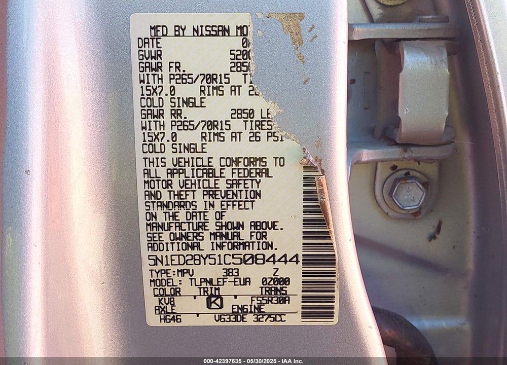 2001 NISSAN XTERRA XE VIN: 5N1ED28Y51C508444