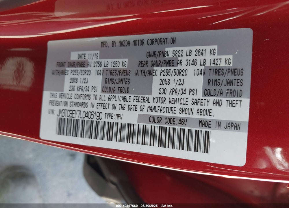 2020 MAZDA CX-9 SIGNATURE VIN: JM3TCBEY7L0406190