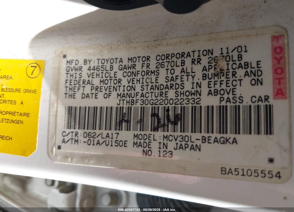 2002 LEXUS ES 300 VIN: JTHBF30G220022332