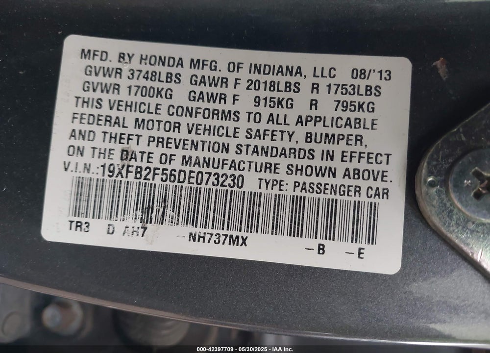 2013 HONDA CIVIC VIN: 19XFB2F56DE073230