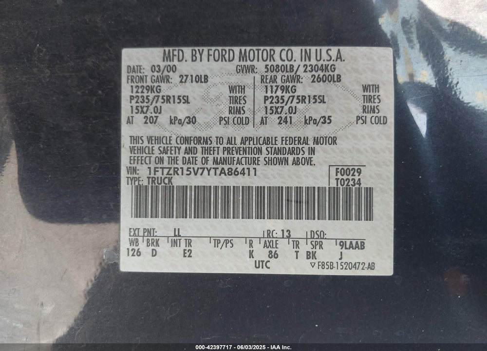 2000 FORD RANGER XL/XLT VIN: 1FTZR15V7YTA86411