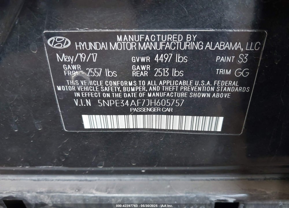 2018 HYUNDAI SONATA VIN: 5NPE34AF7JH605757