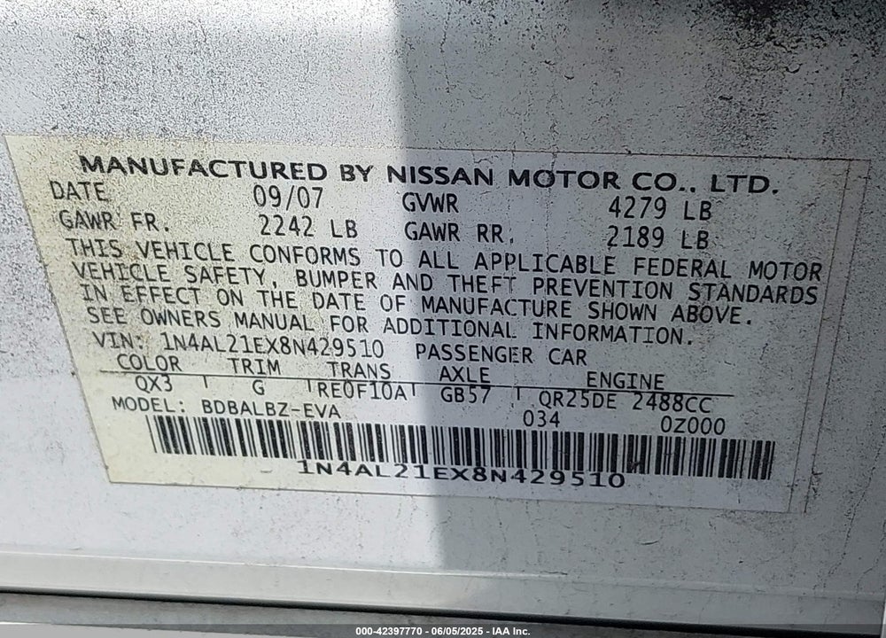 2008 NISSAN ALTIMA VIN: 1N4AL21EX8N429510