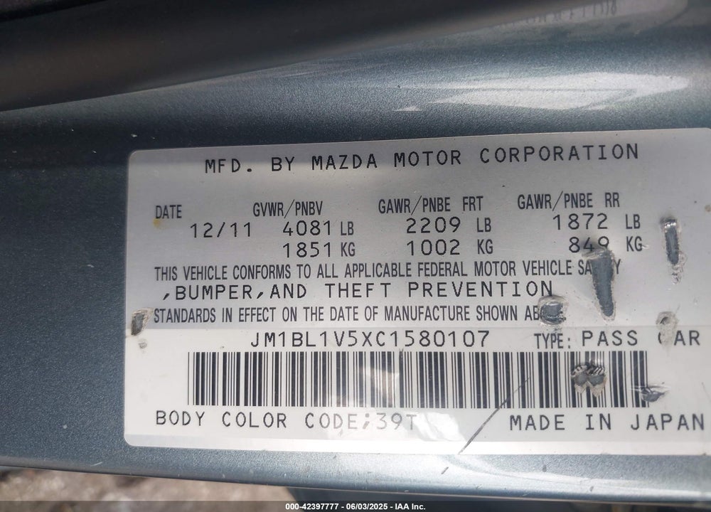 2012 MAZDA 3 VIN: JM1BL1V5XC1580107