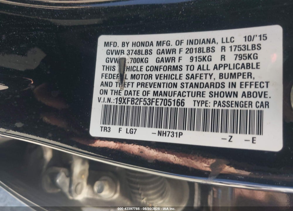 2015 HONDA CIVIC LX VIN: 19XFB2F53FE705166