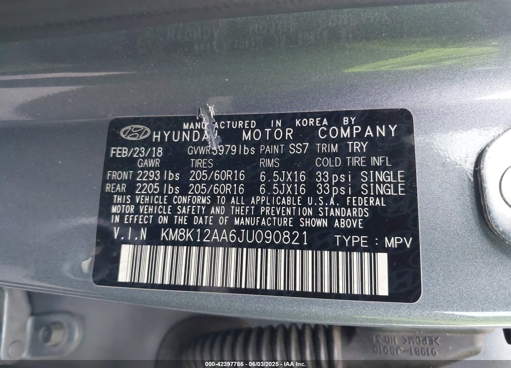2018 HYUNDAI KONA SE VIN: KM8K12AA6JU090821