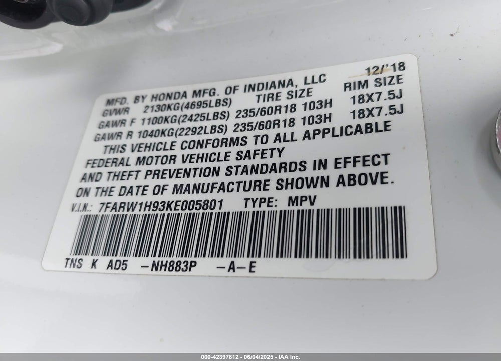 2019 HONDA CR-V VIN: 7FARW1H93KE005801