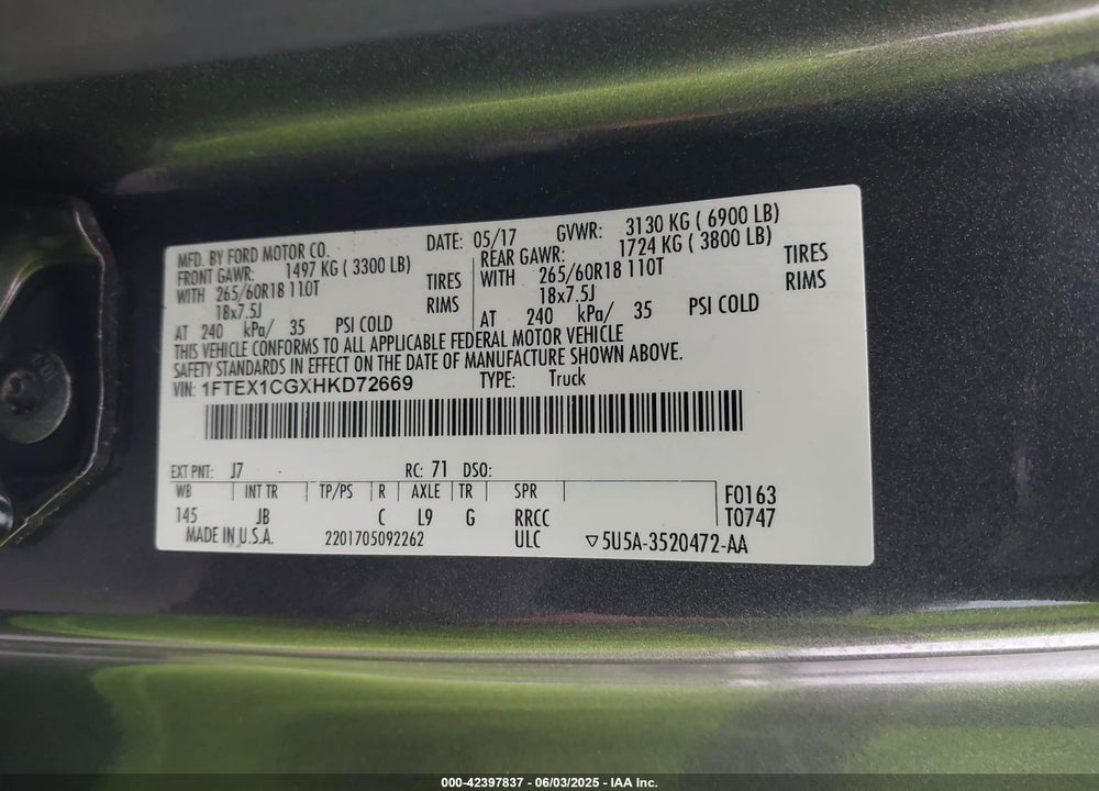 2017 FORD F-150 XLT VIN: 1FTEX1CGXHKD72669