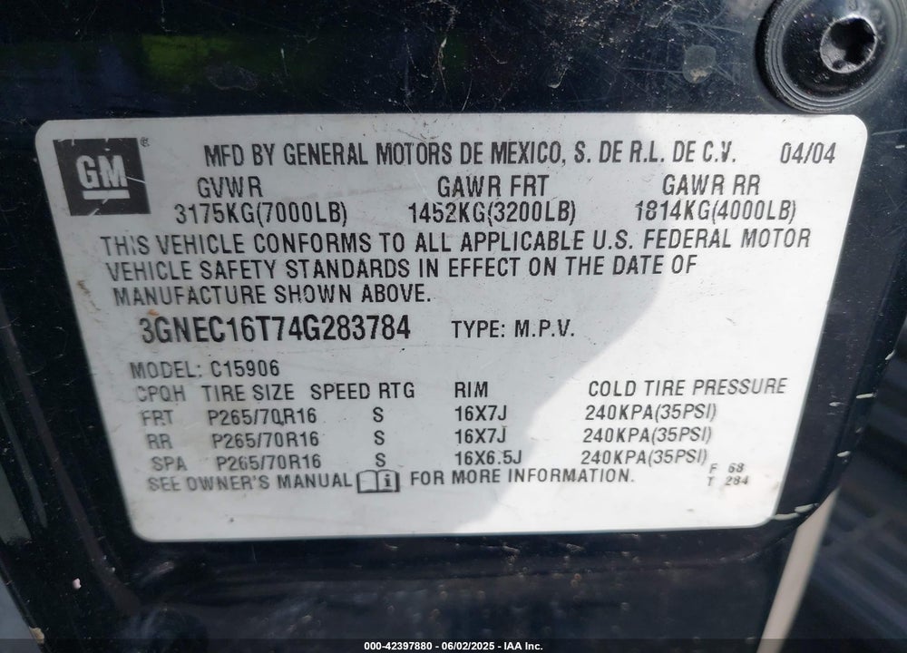 2004 CHEVROLET SUBURBAN 1500 LT VIN: 3GNEC16T74G283784