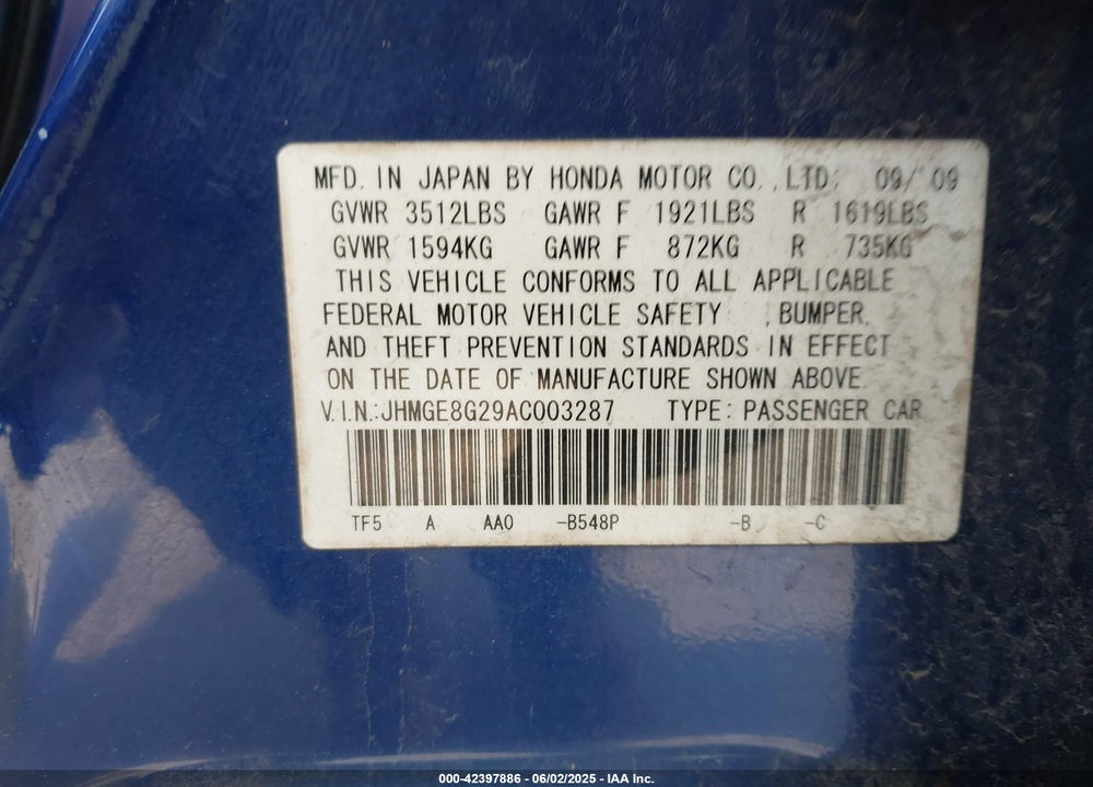 2010 HONDA FIT VIN: JHMGE8G29AC003287