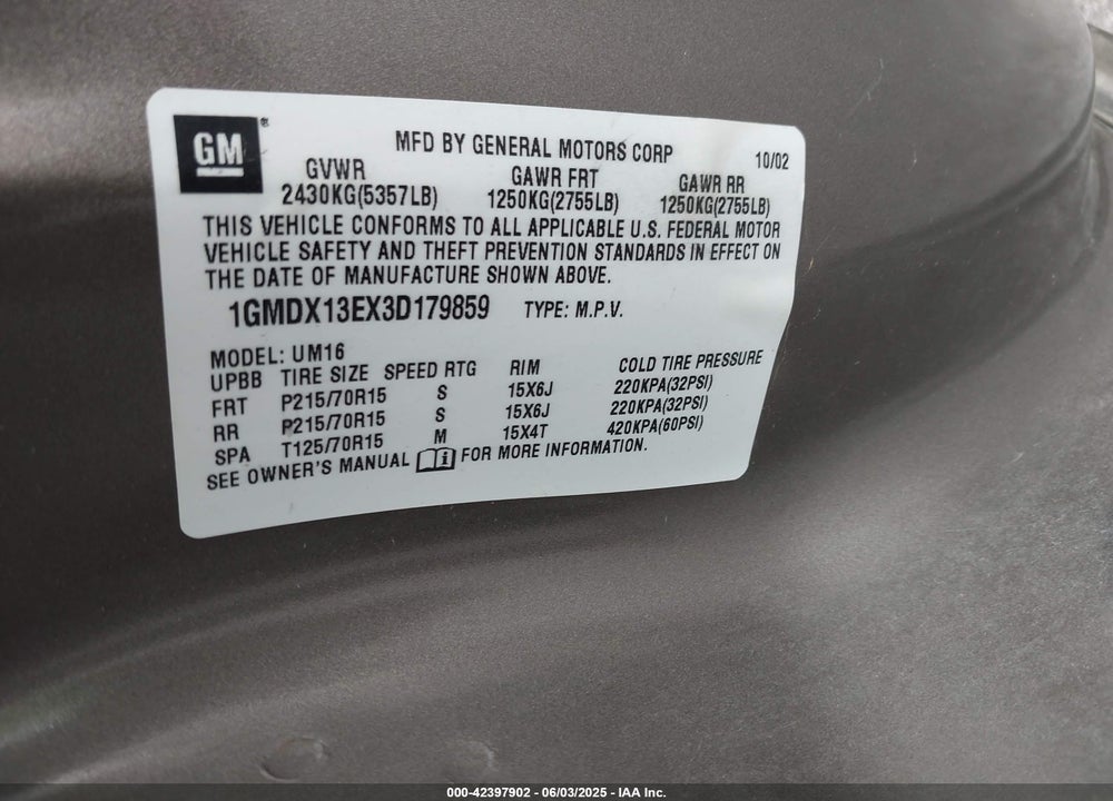 2003 PONTIAC MONTANA M16 W/1SA PKG. VIN: 1GMDX13EX3D179859