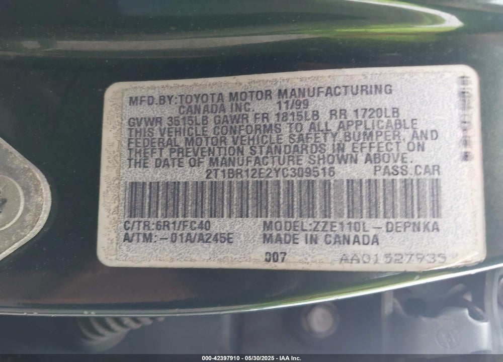 2000 TOYOTA COROLLA LE VIN: 2T1BR12E2YC309516