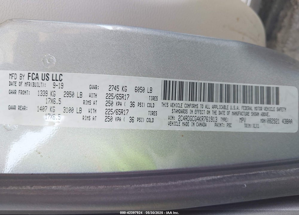 2019 DODGE GRAND CARAVAN SXT VIN: 2C4RDGCG4KR761913