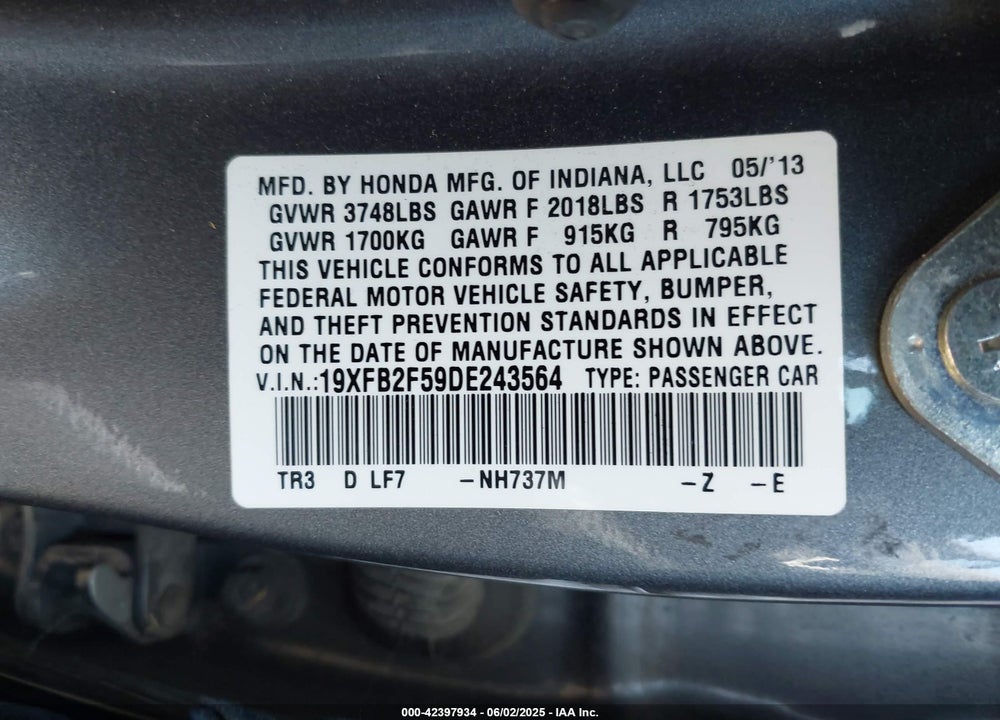 2013 HONDA CIVIC VIN: 19XFB2F59DE243564