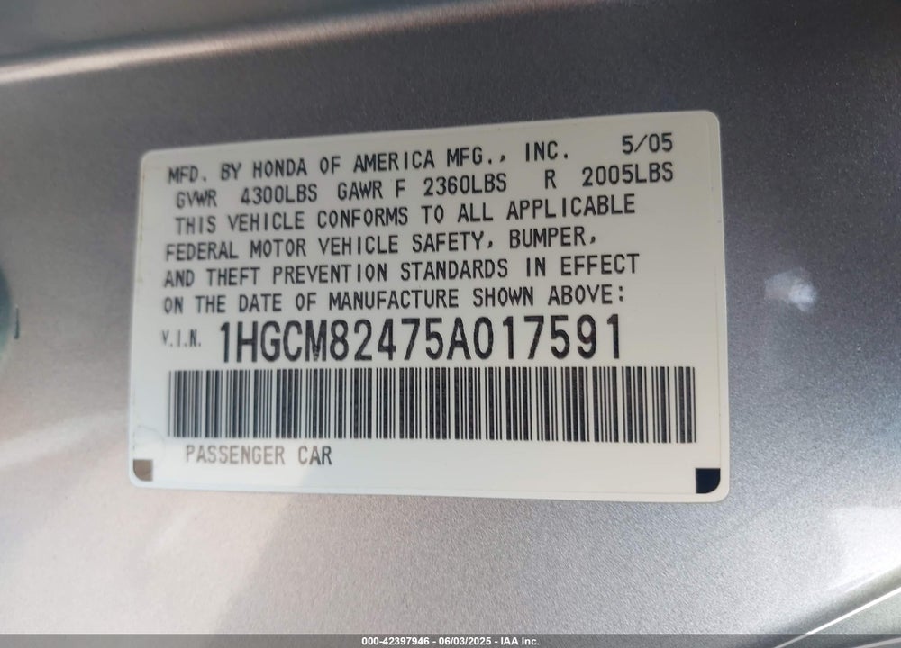 2005 HONDA ACCORD 3.0 LX SPECIAL EDITION VIN: 1HGCM82475A017591