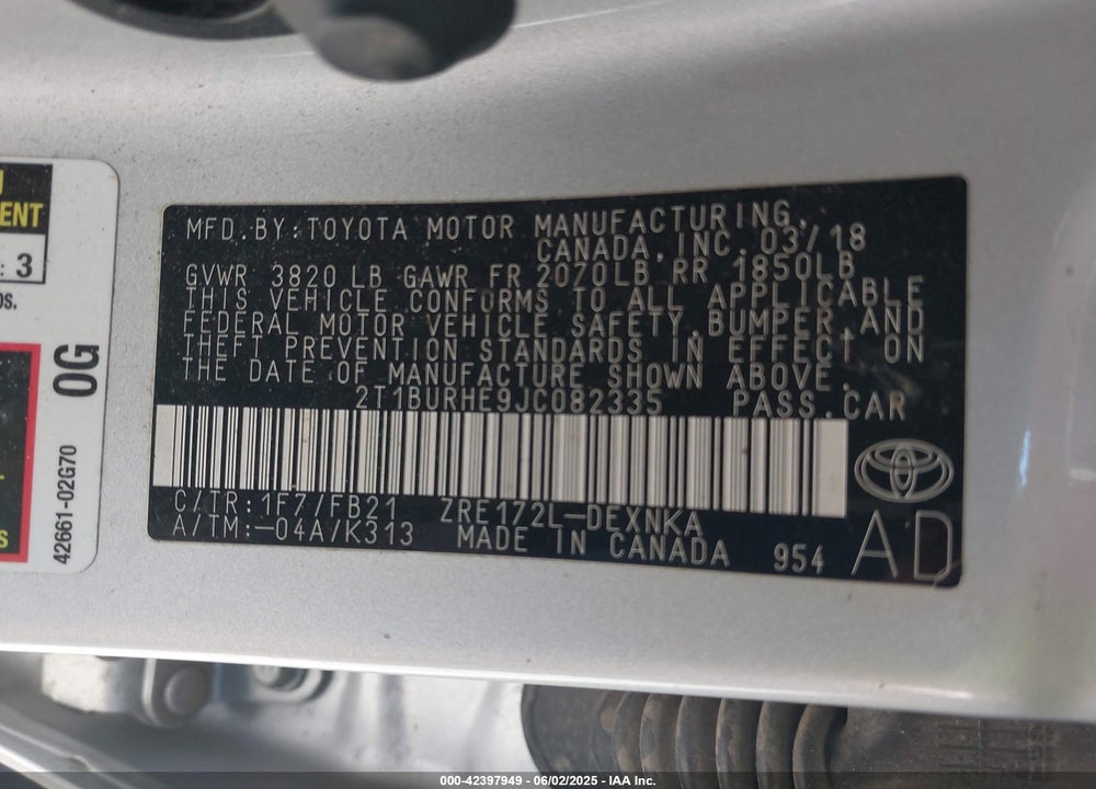 2018 TOYOTA COROLLA VIN: 2T1BURHE9JC082335