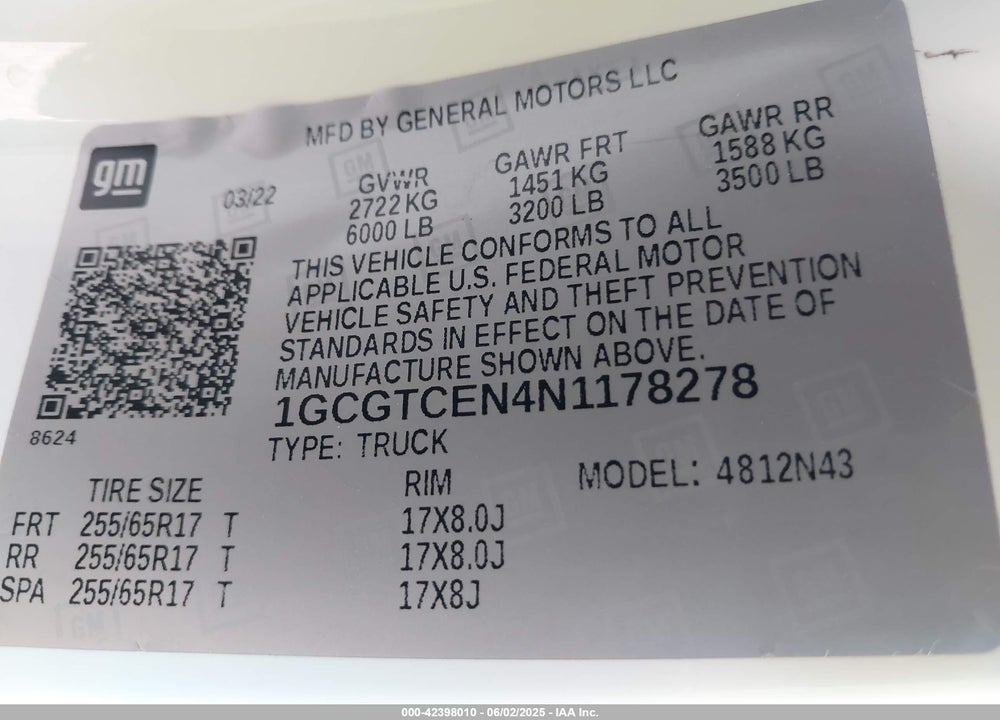 2022 CHEVROLET COLORADO VIN: 1GCGTCEN4N1178278