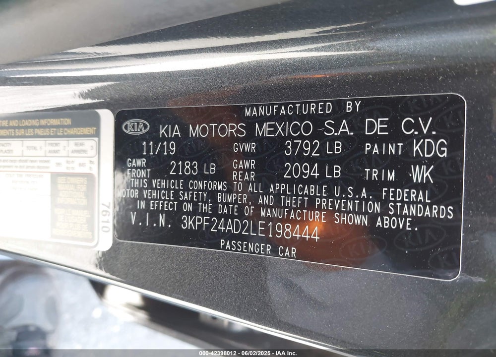 2020 KIA FORTE VIN: 3KPF24AD2LE198444