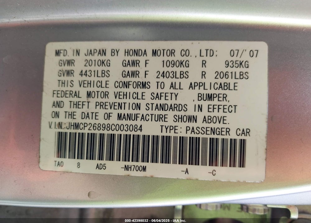 2008 HONDA ACCORD VIN: JHMCP26898C003084