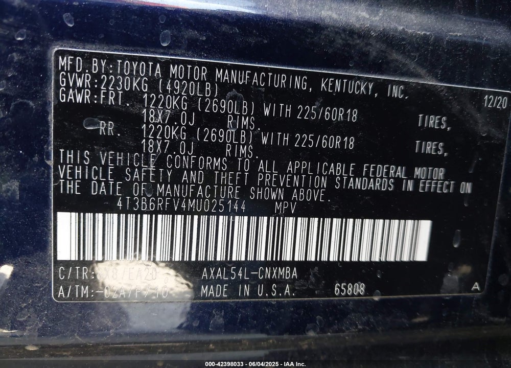 2021 TOYOTA RAV4 HYBRID XLE PREMIUM VIN: 4T3B6RFV4MU025144