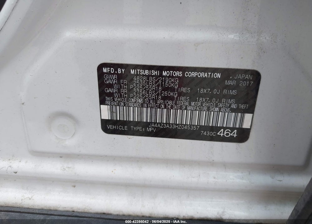 2017 MITSUBISHI OUTLANDER VIN: JA4AZ3A33HZ045357