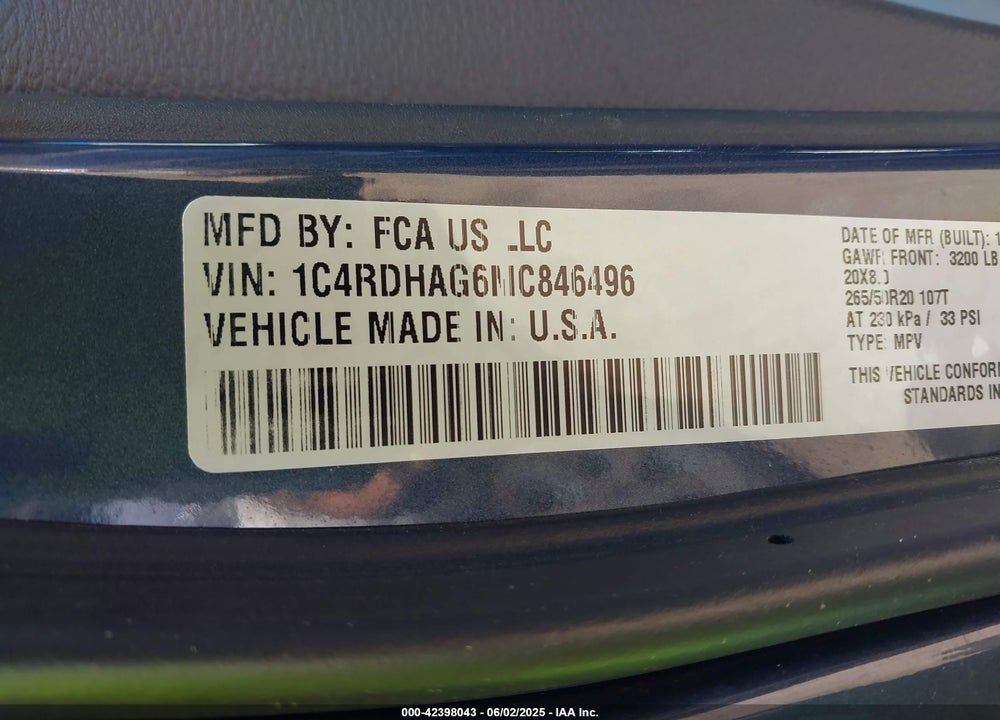 2021 DODGE DURANGO VIN: 1C4RDHAG6MC846496