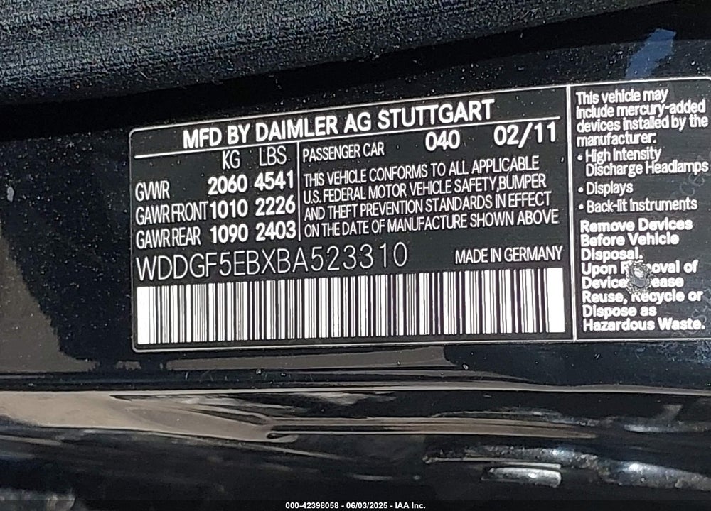 2011 MERCEDES-BENZ C 300 LUXURY/SPORT VIN: WDDGF5EBXBA523310