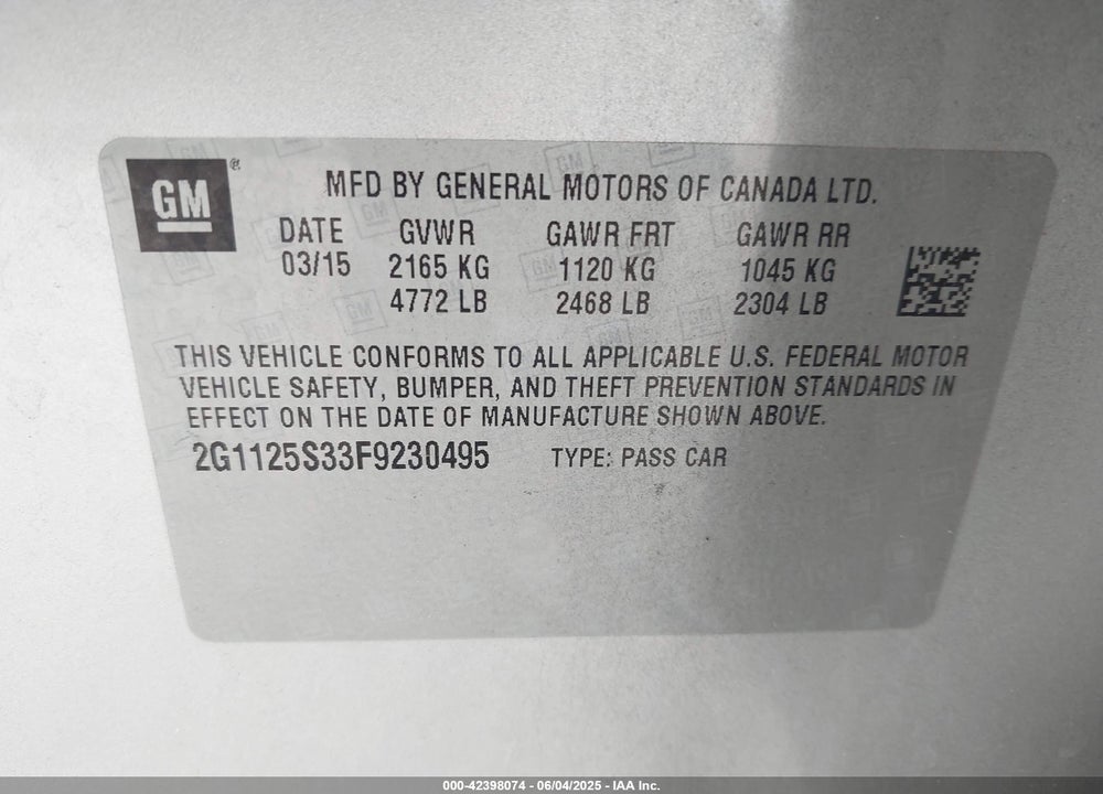 2015 CHEVROLET IMPALA VIN: 2G1125S33F9230495