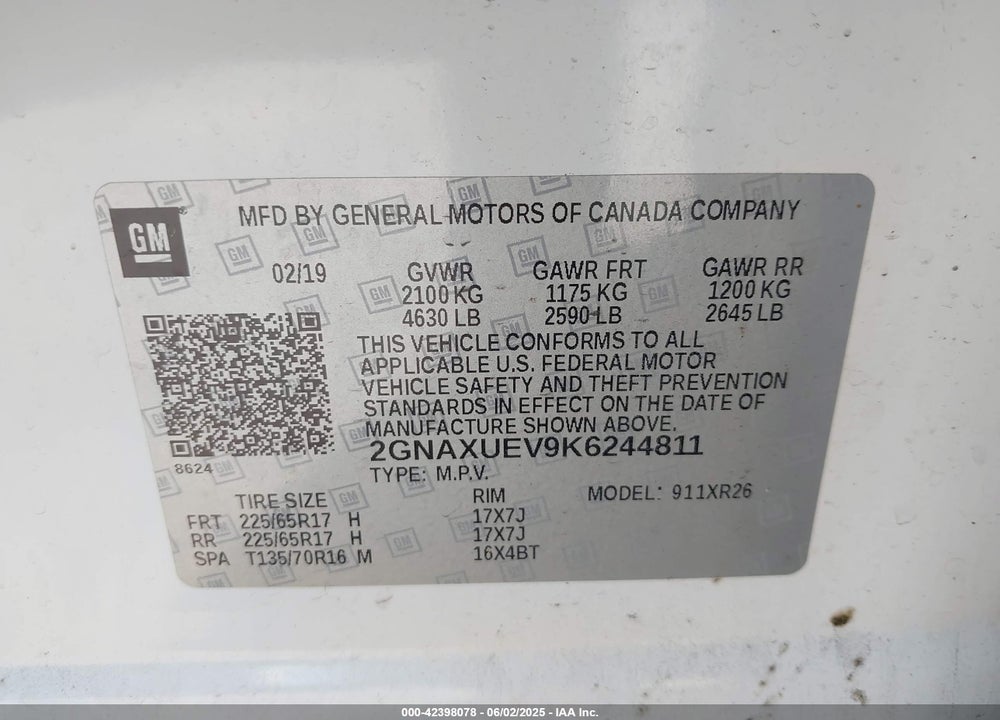 2019 CHEVROLET EQUINOX VIN: 2GNAXUEV9K6244811