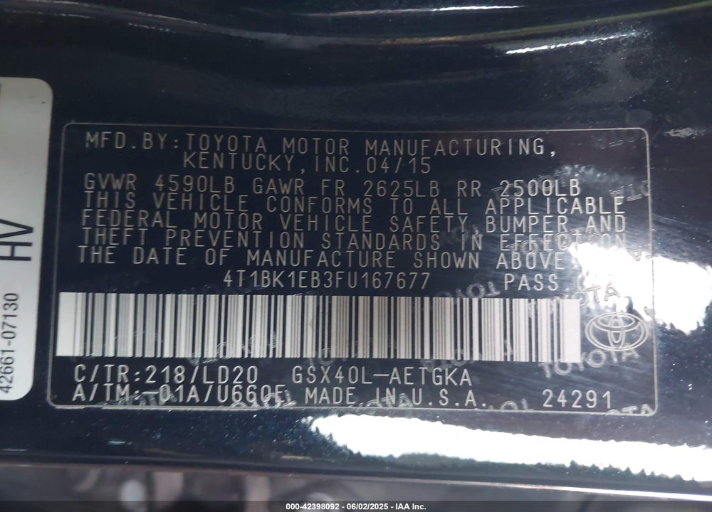 2015 TOYOTA AVALON XLE VIN: 4T1BK1EB3FU167677