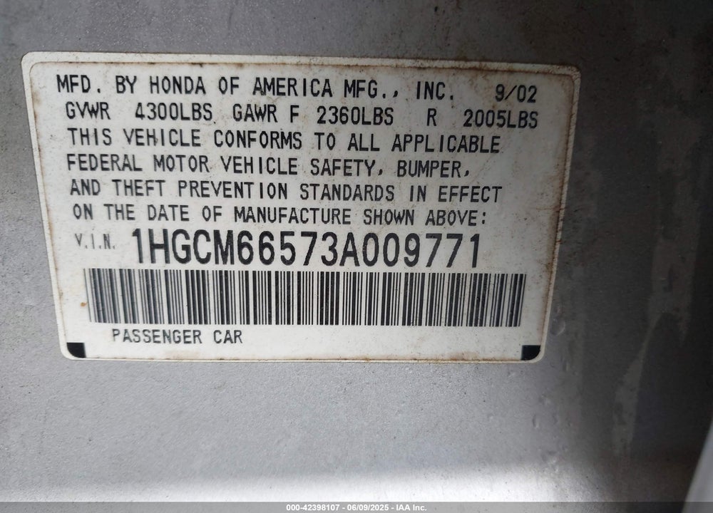 2003 HONDA ACCORD 3.0 EX VIN: 1HGCM66573A009771