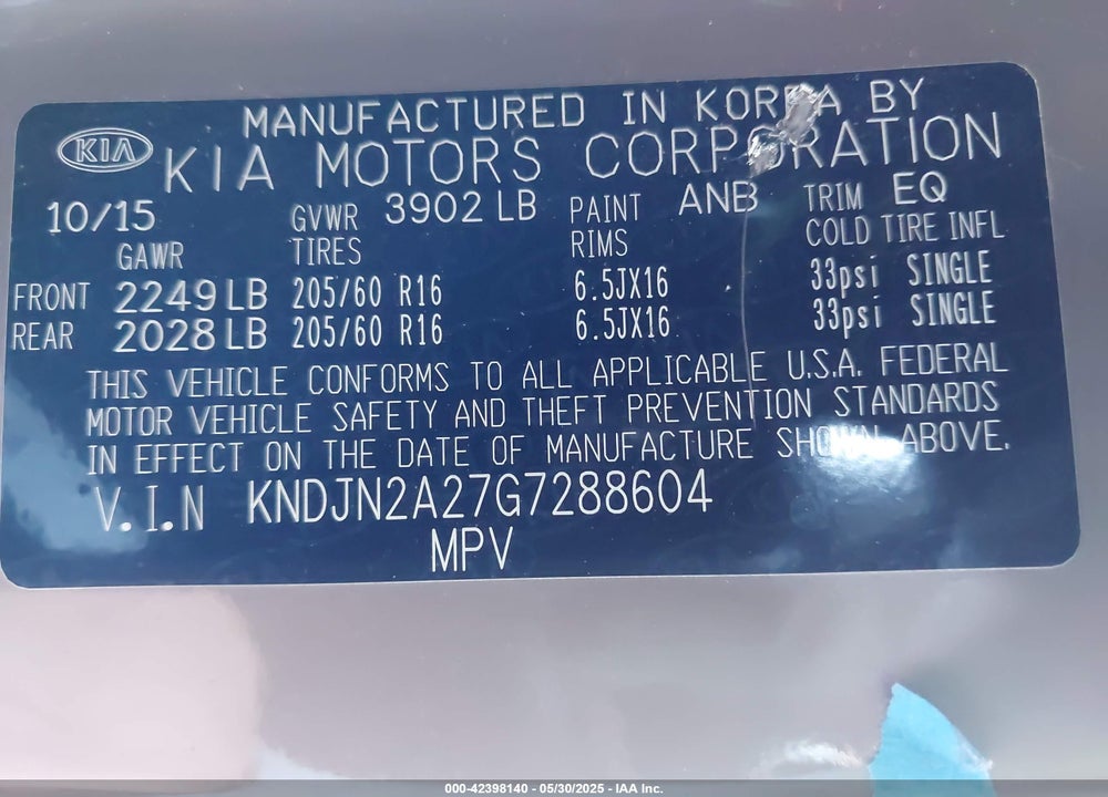 2016 KIA SOUL VIN: KNDJN2A27G7288604