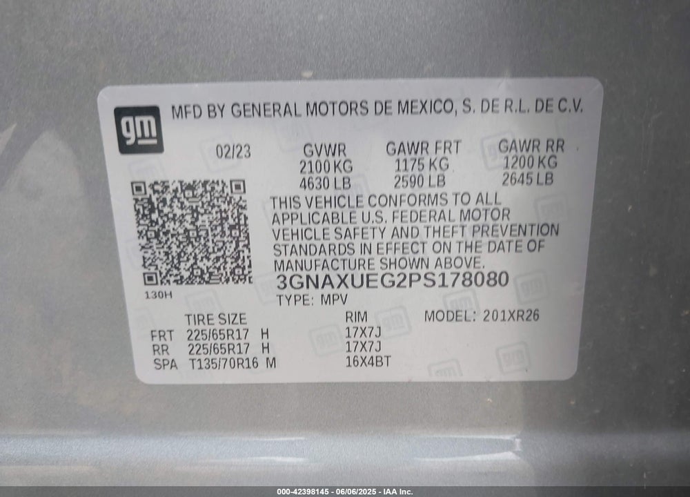 2023 CHEVROLET EQUINOX VIN: 3GNAXUEG2PS178080