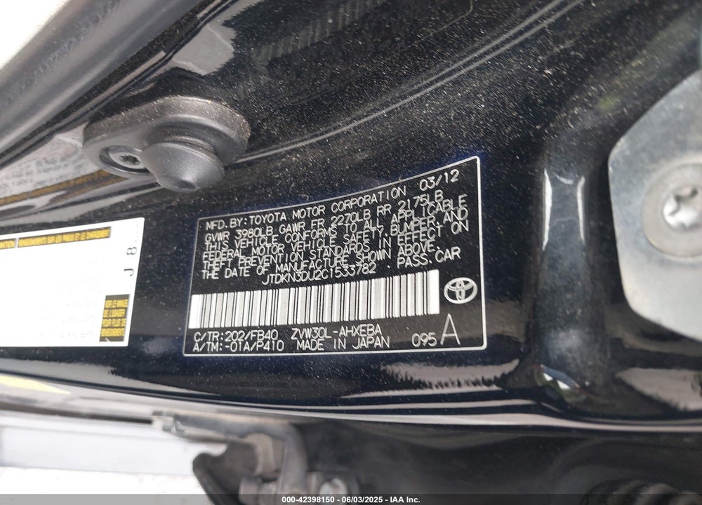 2012 TOYOTA PRIUS THREE VIN: JTDKN3DU2C1533782