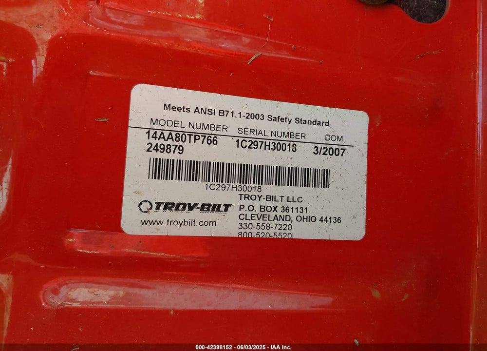 2007 TROY BIG RED HORSE MOWER VIN: 0000001C297H30018
