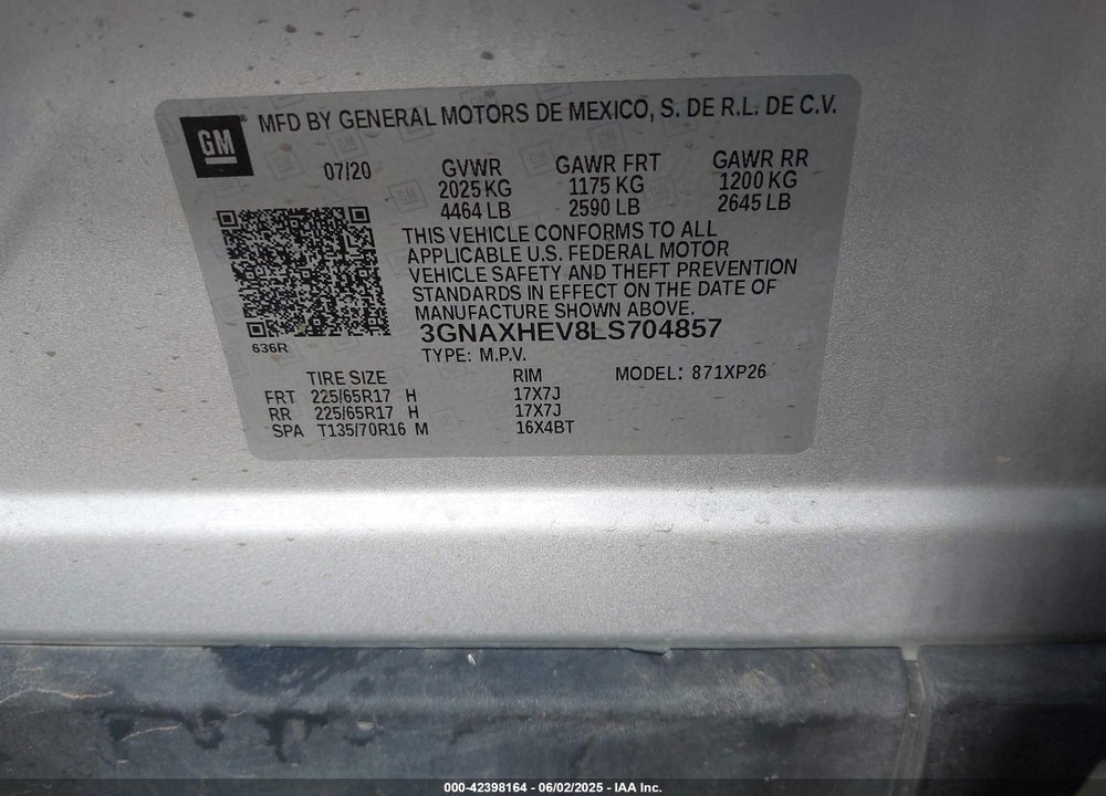 2020 CHEVROLET EQUINOX VIN: 3GNAXHEV8LS704857