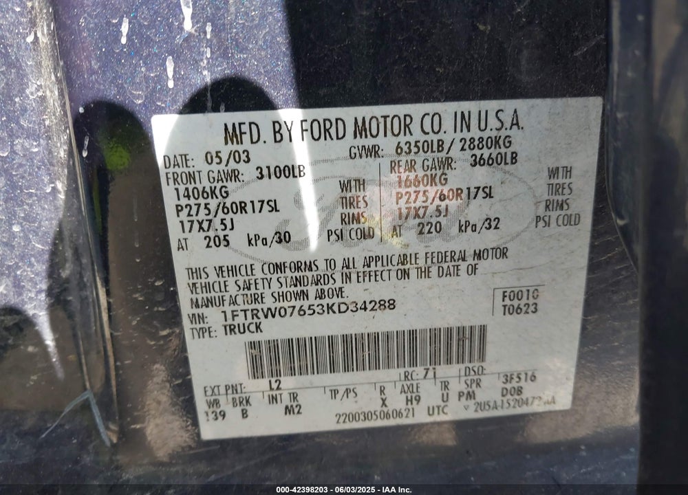 2003 FORD F-150 LARIAT/XLT VIN: 1FTRW07653KD34288