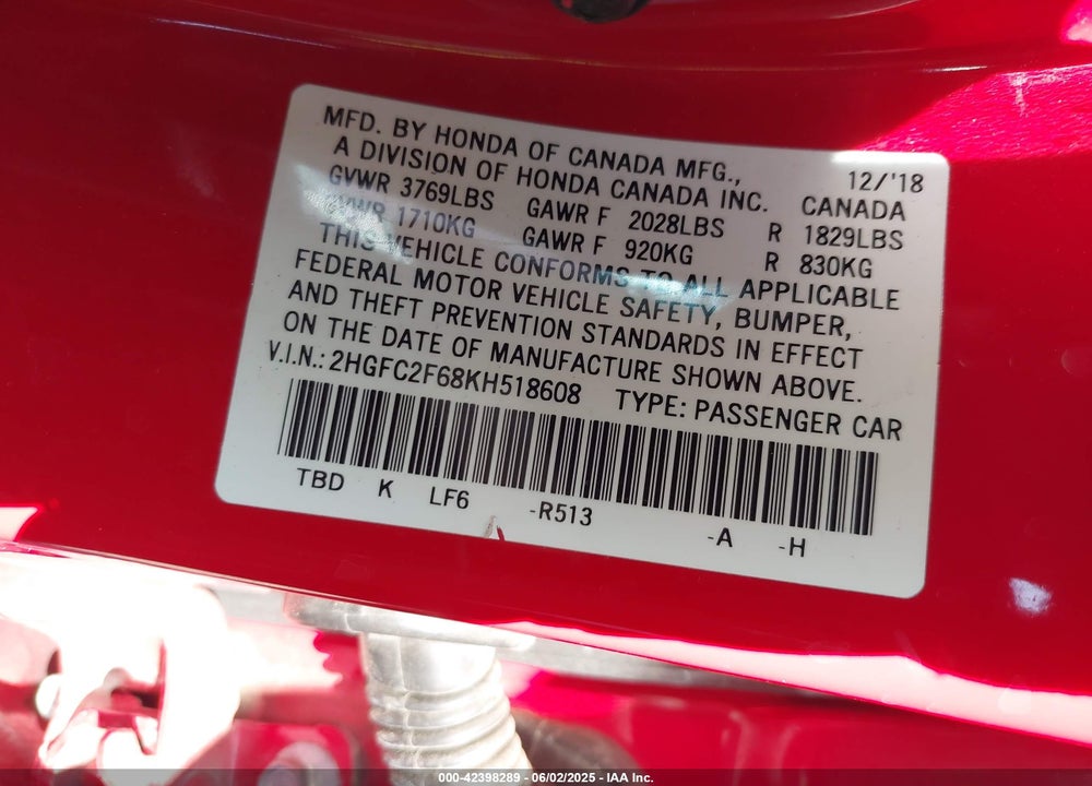 2019 HONDA CIVIC LX VIN: 2HGFC2F68KH518608