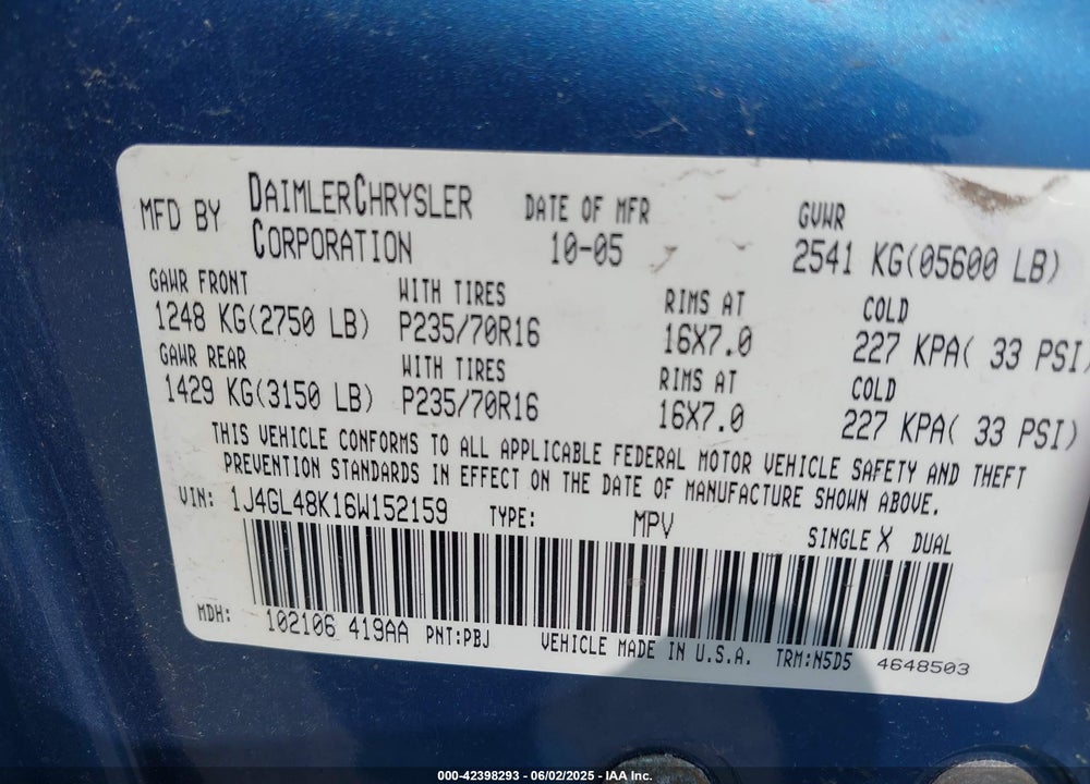 2006 JEEP LIBERTY VIN: 1J4GL48K16W152159