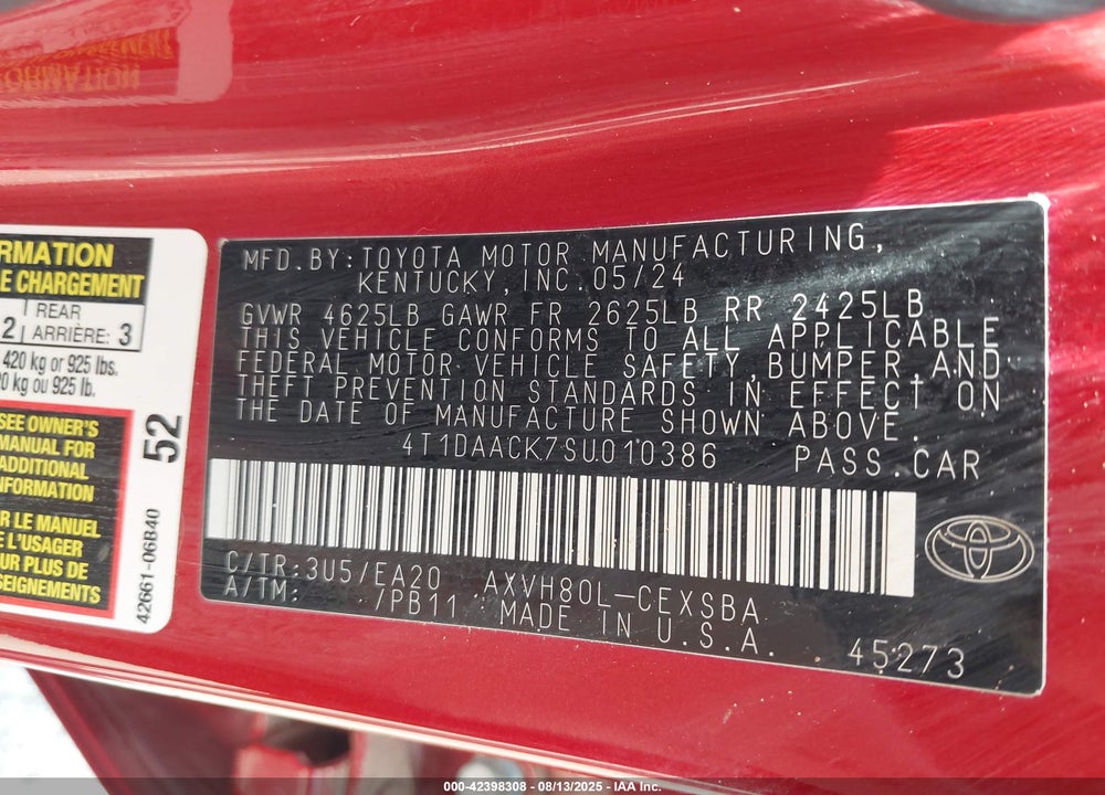 2025 TOYOTA CAMRY SE VIN: 4T1DAACK7SU010386