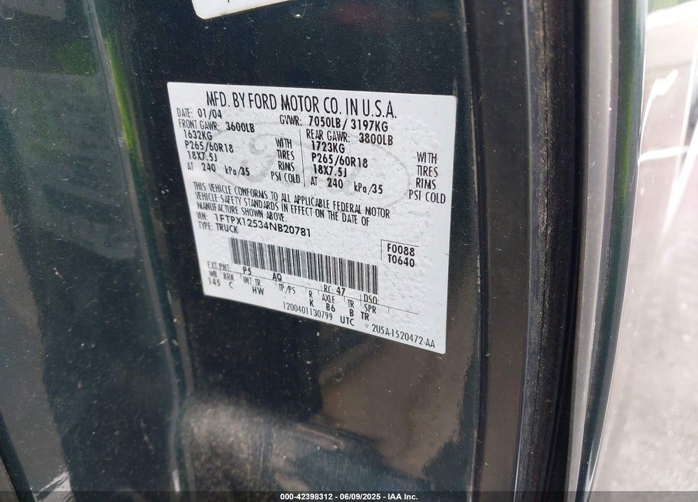 2004 FORD F-150 LARIAT/XL/XLT VIN: 1FTPX12534NB20781