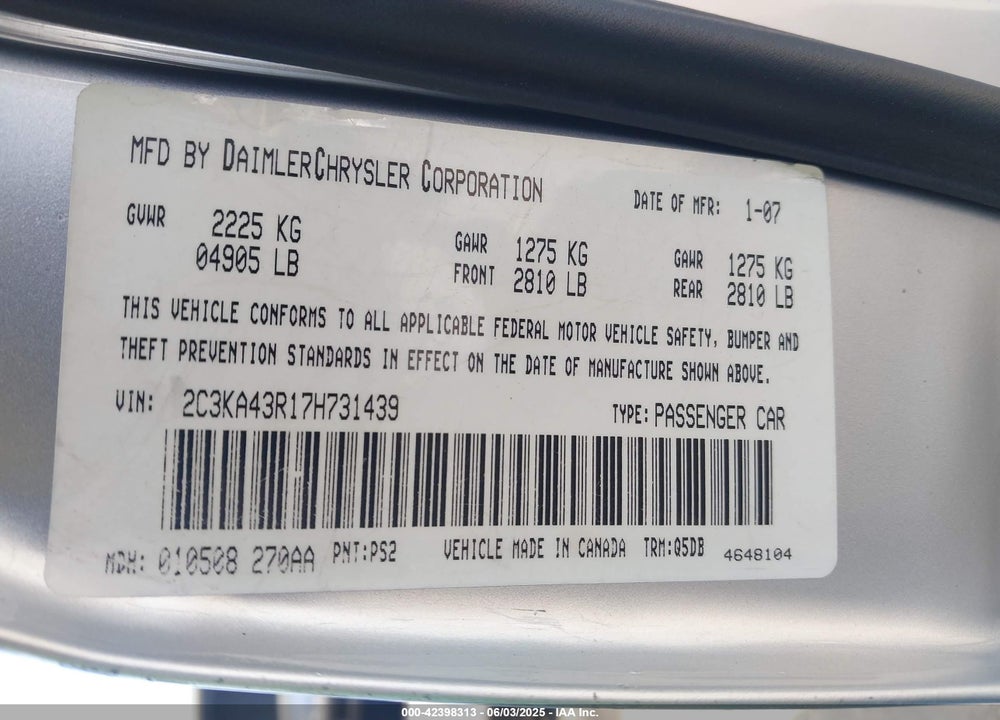 2007 CHRYSLER 300 VIN: 2C3KA43R17H731439