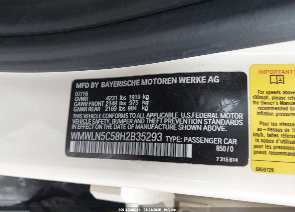 2017 MINI CLUBMAN COOPER VIN: WMWLN5C58H2B35293